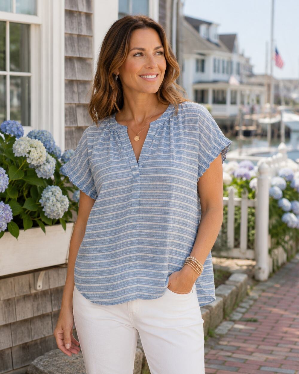 Pilcro Anthropologie Blue White Striped Cotton Peasant Blouse Large Boho Coastal